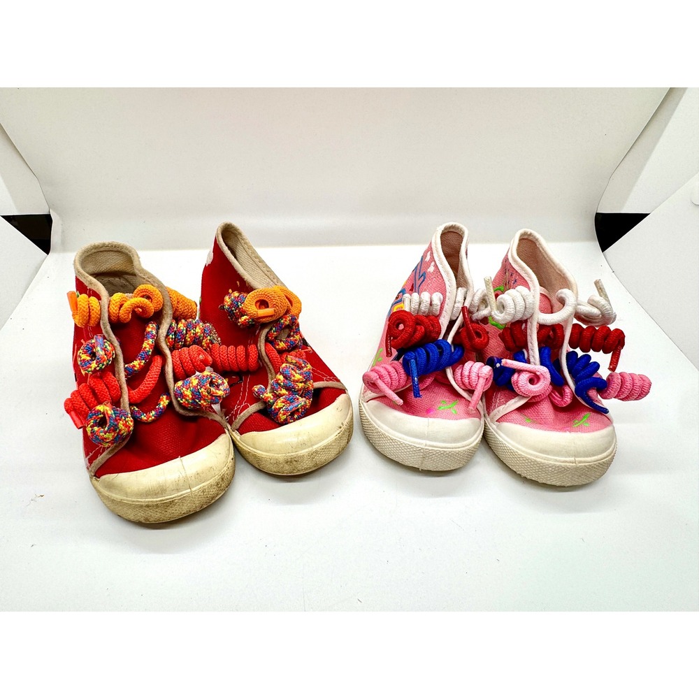 Vintage 80s Curly Lace Sneakers Kidcore Hand Painted Toddler Shoes Sz 2 & 3 USA